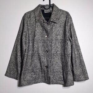 Chicos Design Jacket Size 1 Medium Button Close Gray Silk Arabesque Embroidered